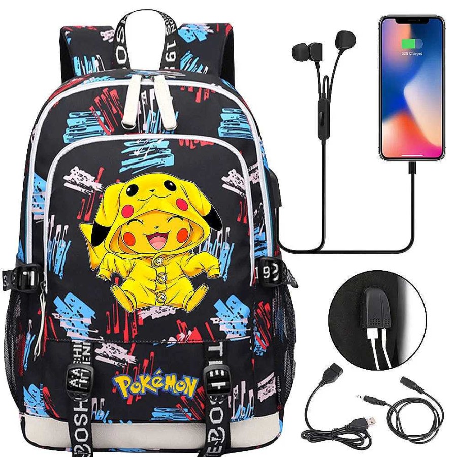 PKM Sonstiges Merchandise | Pikachu Pokemon Rucksack Mit Usb - Ideal Fur Laptops Und Fur Die Schule