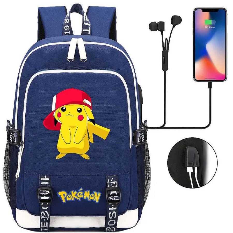 PKM Rucksacke & Taschen | Pikachu Pokemon Rucksack Mit Usb - Ideal Fur Laptops Und Fur Die Schule